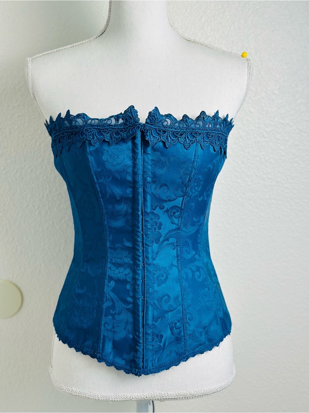 Vintage Frederick's of Hollywood Teal Blue Lace Up Back Strapless Corset Size 34